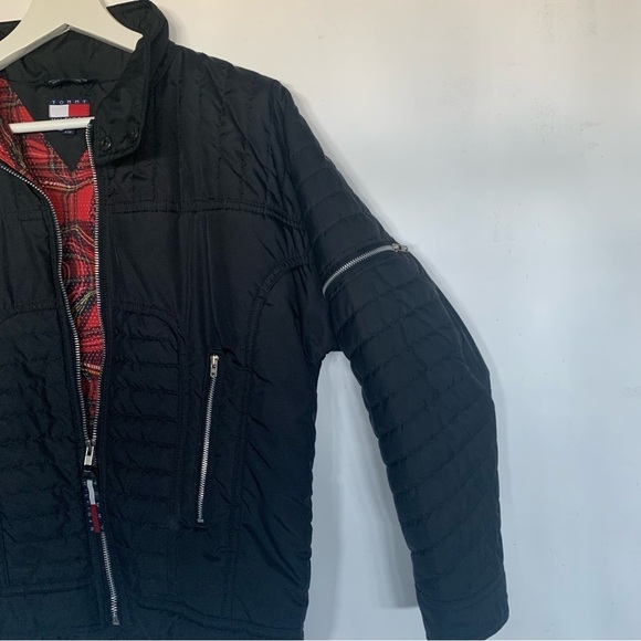 TOMMY HILFIGER Jacket Wind Breaker Sport Coat Moto Jacket Plaid Lined Black S - Picture 5 of 15